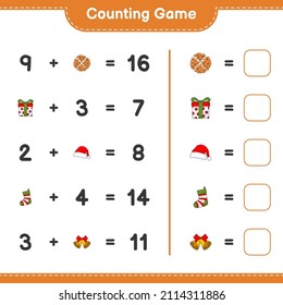 Counting game, count the number of Cookie, Christmas Bell, Sock, Gift Box, Hat and write the result. Educational children game, printable worksheet, vector illustration