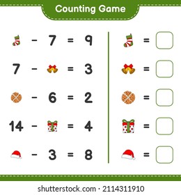 Counting game, count the number of Cookie, Christmas Bell, Sock, Gift Box, Hat and write the result. Educational children game, printable worksheet, vector illustration
