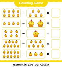 Zählen Sie das Spiel, zählen Sie die Anzahl der Cup-Kuchen und schreiben Sie das Ergebnis. Kinderspiel, druckbares Arbeitsblatt, Vektorgrafik