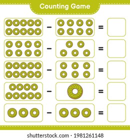 Contando juego, contar el número de Donut y escribir el resultado. Juego infantil educativo, hoja de cálculo imprimible, ilustración vectorial