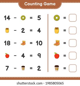 Zählen Sie das Spiel, zählen Sie die Anzahl der Donut, Jam, Socks, Apple, Tea Cup und schreiben Sie das Ergebnis. Kinderspiel, druckbares Arbeitsblatt, Vektorgrafik