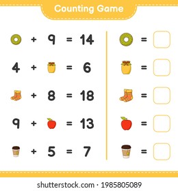 Counting game, count the number of Donut, Jam, Socks, Apple, Tea Cup and write the result. Educational children game, printable worksheet, vector illustration