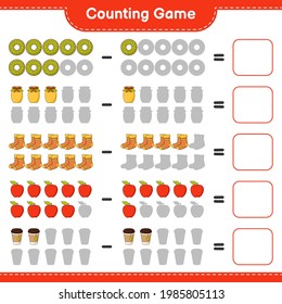 Counting game, count the number of Donut, Jam, Socks, Apple, Tea Cup and write the result. Educational children game, printable worksheet, vector illustration