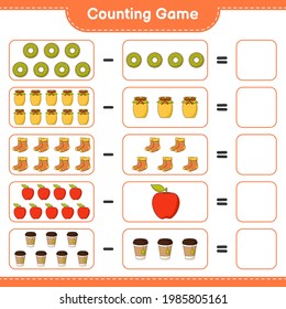 Counting game, count the number of Donut, Jam, Socks, Apple, Tea Cup and write the result. Educational children game, printable worksheet, vector illustration