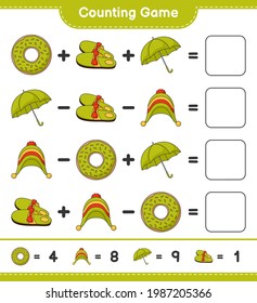Contando el juego, cuenta el número de Donut, Slippers, Umbrella, Hat y escribe el resultado. Juego infantil educativo, hoja de cálculo imprimible, ilustración vectorial
