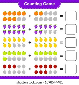 Contando juego, contar el número de Frutos y escribir el resultado. Juego infantil educativo, hoja de cálculo imprimible, ilustración vectorial