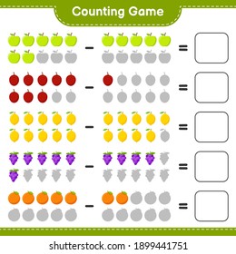 Counting game, count the number of Fruits and write the result. Educational children game, printable worksheet, vector illustration