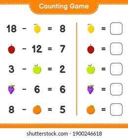 Counting game, count the number of Fruits and write the result. Educational children game, printable worksheet, vector illustration