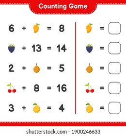 Counting game, count the number of Fruits and write the result. Educational children game, printable worksheet, vector illustration