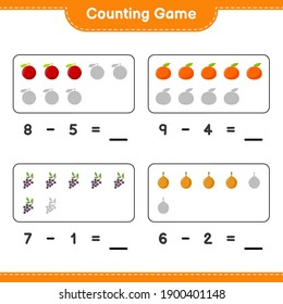 Counting game, count the number of Fruits and write the result. Educational children game, printable worksheet, vector illustration