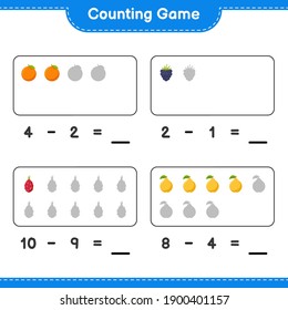 Counting game, count the number of Fruits and write the result. Educational children game, printable worksheet, vector illustration