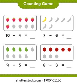 Counting game, count the number of Fruits and write the result. Educational children game, printable worksheet, vector illustration