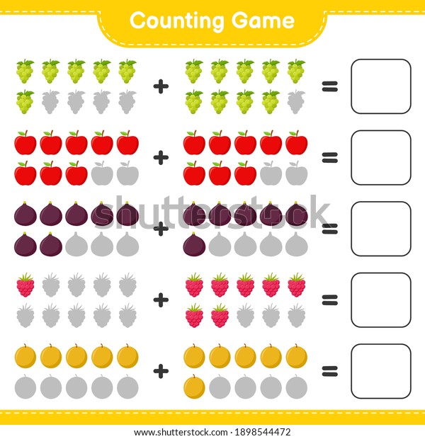 Counting game, count the number of Fruits\
and write the result. Educational children game, printable\
worksheet, vector\
illustration