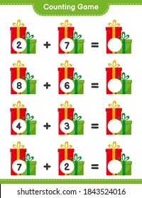Juego de conteo, cuenta el número de cajas de regalo y escribe el resultado. Juego infantil educativo, hoja de cálculo imprimible, ilustración vectorial