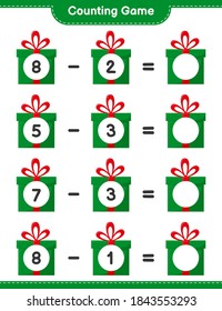 Juego de conteo, cuenta el número de cajas de regalo y escribe el resultado. Juego infantil educativo, hoja de cálculo imprimible, ilustración vectorial