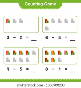 Juego de conteo, cuenta el número de cajas de regalo y escribe el resultado. Juego infantil educativo, hoja de cálculo imprimible, ilustración vectorial