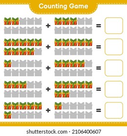 Contando juego, contar el número de Caja de Regalo y escribir el resultado. Juego infantil educativo, hoja de cálculo imprimible, ilustración vectorial