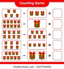 Counting game, count the number of Gift Box and write the result. Educational children game, printable worksheet, vector illustration