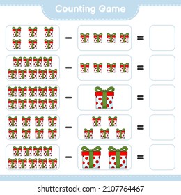 Contando juego, contar el número de Caja de Regalo y escribir el resultado. Juego infantil educativo, hoja de cálculo imprimible, ilustración vectorial