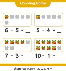 Contando juego, contar el número de Caja de Regalo y escribir el resultado. Juego infantil educativo, hoja de cálculo imprimible, ilustración vectorial