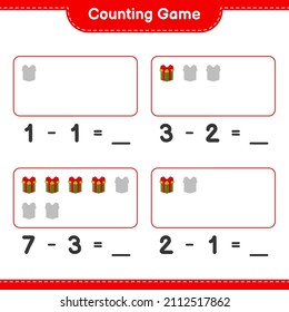 Contando juego, contar el número de Caja de Regalo y escribir el resultado. Juego infantil educativo, hoja de cálculo imprimible, ilustración vectorial