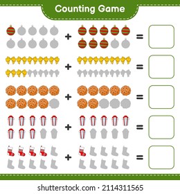 Counting game, count the number of Gift Box, Sock, Christmas Ball, Ribbon, Cookies and write the result. Educational children game, printable worksheet, vector illustration