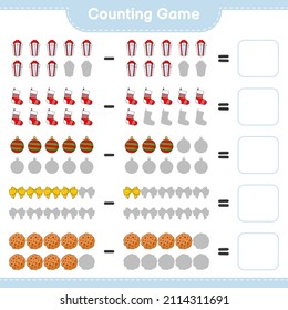 Counting game, count the number of Gift Box, Sock, Christmas Ball, Ribbon, Cookies and write the result. Educational children game, printable worksheet, vector illustration