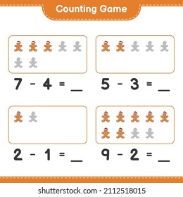 Contando el juego, cuenta el número del Hombre de Gingerbread y escribe el resultado. Juego infantil educativo, hoja de cálculo imprimible, ilustración vectorial