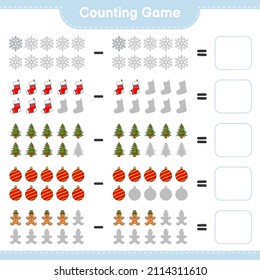 Counting game, count the number of Gingerbread Man, Tree, Sock, Christmas Ball, Snowflake and write the result. Educational children game, printable worksheet, vector illustration