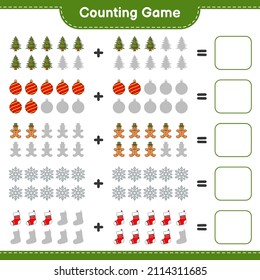 Counting game, count the number of Gingerbread Man, Tree, Sock, Christmas Ball, Snowflake and write the result. Educational children game, printable worksheet, vector illustration