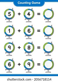 Counting game, count the number of Globe and write the result. Educational children game, printable worksheet, vector illustration