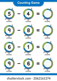 Counting game, count the number of Globe and write the result. Educational children game, printable worksheet, vector illustration