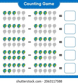 Zählen Sie das Spiel, zählen Sie die Anzahl der Globe und schreiben Sie das Ergebnis. Kinderspiel, druckbares Arbeitsblatt, Vektorgrafik