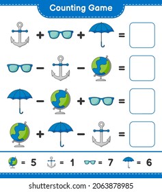 Counting game, count the number of Globe, Sunglasses, Umbrella, Anchor and write the result. Educational children game, printable worksheet, vector illustration