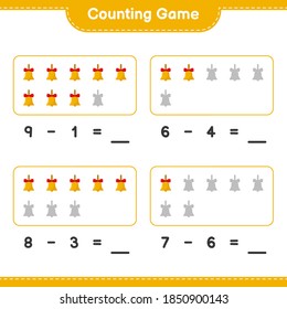 Counting game, count the number of Golden Christmas bells and write the result. Educational children game, printable worksheet, vector illustration