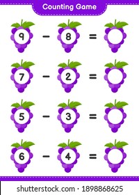Contando juego, contar el número de uva y escribir el resultado. Juego infantil educativo, hoja de cálculo imprimible, ilustración vectorial