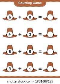 Contando juego, contar el número de Hat y escribir el resultado. Juego infantil educativo, hoja de cálculo imprimible, ilustración vectorial