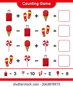 Counting game, count the number of Ice Cream, Flip Flop, Travel Bag, Candy and write the result. Educational children game, printable worksheet, vector illustration