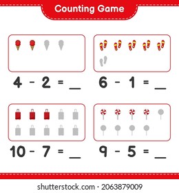 Counting game, count the number of Ice Cream, Flip Flop, Travel Bag, Candy and write the result. Educational children game, printable worksheet, vector illustration