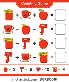 Counting game, count the number of Jam, Coffee Cup, Apple, Scarf and write the result. Educational children game, printable worksheet, vector illustration