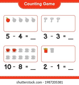 Counting game, count the number of Jam, Coffee Cup, Apple, Scarf and write the result. Educational children game, printable worksheet, vector illustration