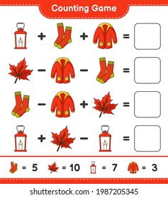 Counting game, count the number of Lantern, Socks, Warm Clothes, Maple Leaf and write the result. Educational children game, printable worksheet, vector illustration