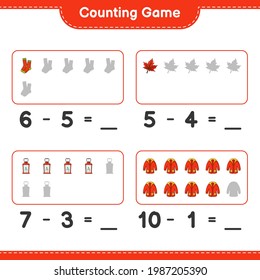 Counting game, count the number of Lantern, Socks, Warm Clothes, Maple Leaf and write the result. Educational children game, printable worksheet, vector illustration