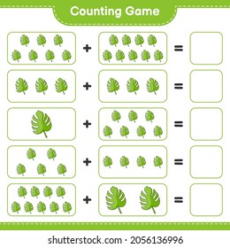 Counting game, count the number of Monstera and write the result. Educational children game, printable worksheet, vector illustration