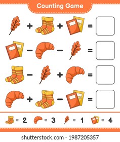 Juego de conteo, cuenta el número de hojas de roble, zócalos, libro, croissant y escribe el resultado. Juego infantil educativo, hoja de cálculo imprimible, ilustración vectorial