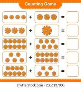 Contando juego, contar el número de Orange y escribir el resultado. Juego infantil educativo, hoja de cálculo imprimible, ilustración vectorial