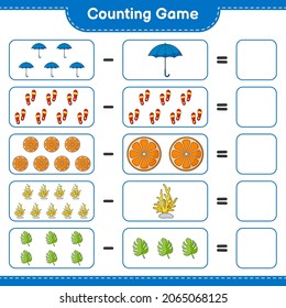 Counting game, count the number of Orange, Coral, Monstera, Umbrella, Flip Flop and write the result. Educational children game, printable worksheet, vector illustration