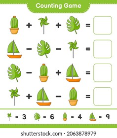 Counting game, count the number of Pinwheels, Cactus, Monstera, Sailboat and write the result. Educational children game, printable worksheet, vector illustration