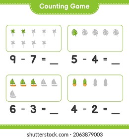 Counting game, count the number of Pinwheels, Cactus, Monstera, Sailboat and write the result. Educational children game, printable worksheet, vector illustration
