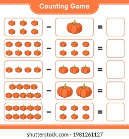 Contando juego, contar el número de calabaza y escribir el resultado. Juego infantil educativo, hoja de cálculo imprimible, ilustración vectorial